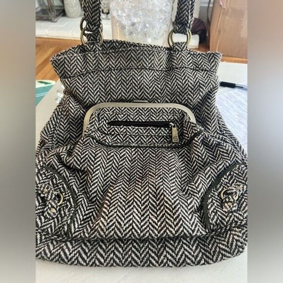 Sisley Handbag Satchel Herringbone Chevron Wool Blend fabric Shoulder strap - Picture 1 of 12